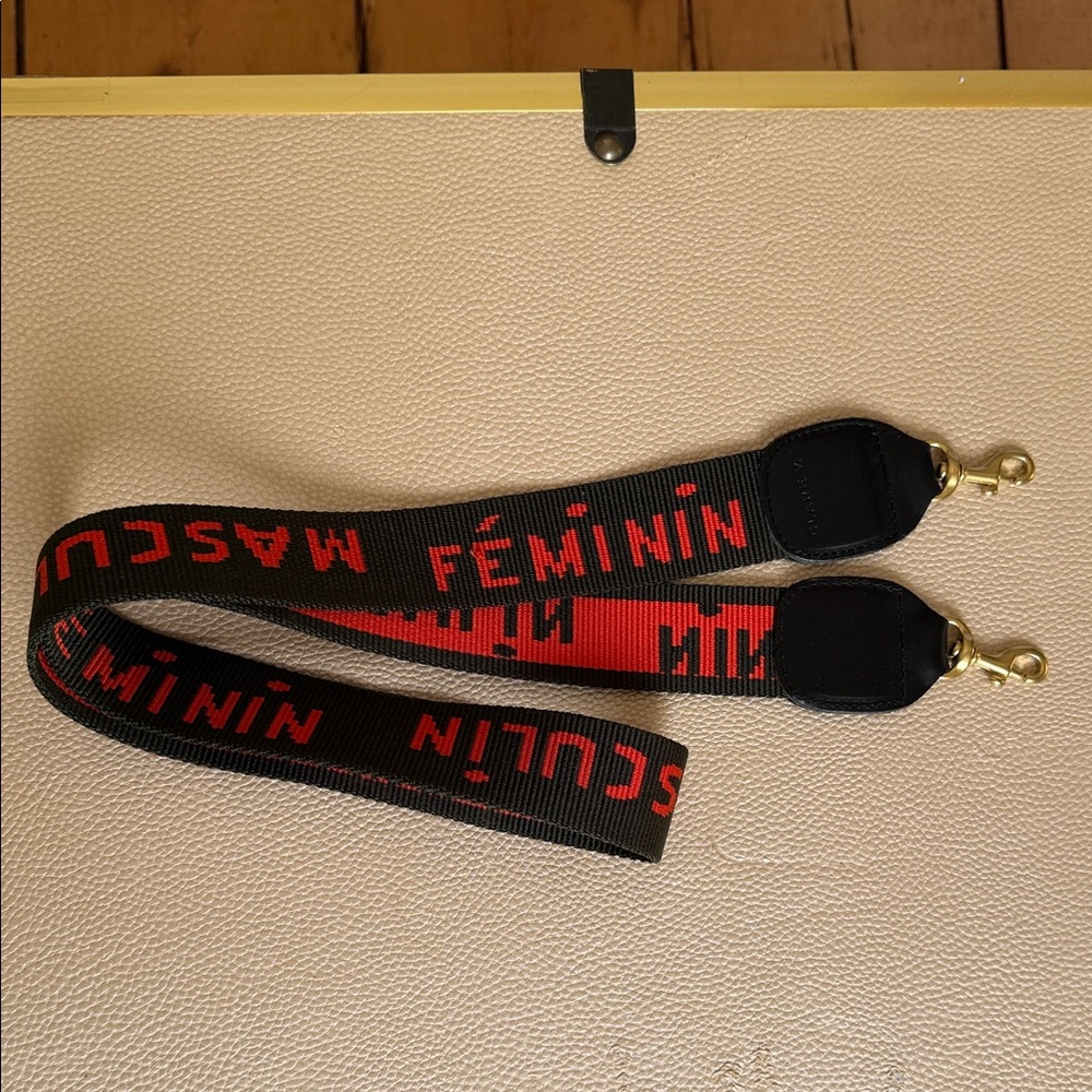Clare V dark green/black Strap with orange-red Woven Text and Gold Hardware